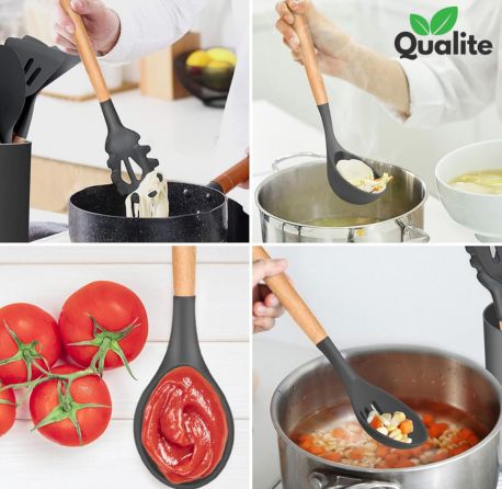 Silicone Spoon Set – Heat-Resistant, Non-Stick with Wooden Handles & Holder Silicone Spoon Set – Heat-Resistant, Non-Stick with Wooden Handles & Holder