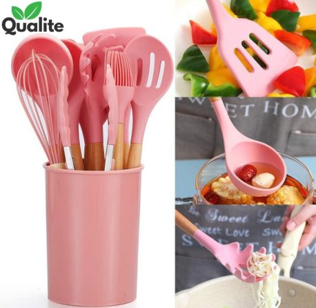 Silicone Spoon Set – Heat-Resistant, Non-Stick with Wooden Handles & Holder Silicone Spoon Set – Heat-Resistant, Non-Stick with Wooden Handles & Holder