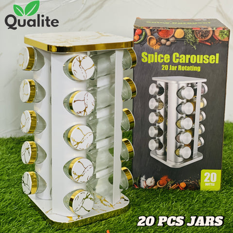 360° Rotating Spice Carousel – Stylish Storage Rack with 20 Glass Jars