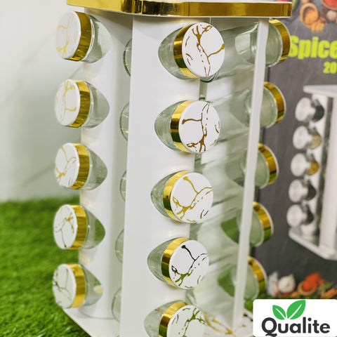 360° Rotating Spice Carousel – Stylish Storage Rack with 20 Glass Jars