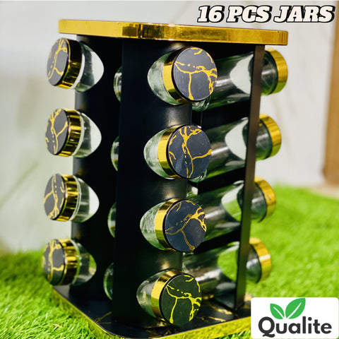 360° Rotating Spice Carousel – Stylish Storage Rack with 16 Glass Jars
