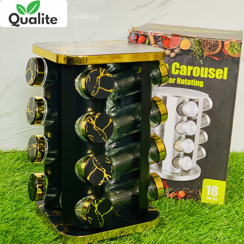 360° Rotating Spice Carousel – Stylish Storage Rack with 16 Glass Jars