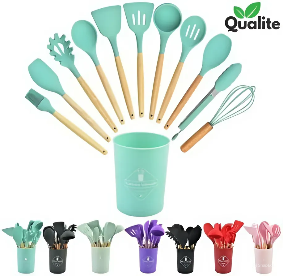 Silicone Spoon Set – Heat-Resistant, Non-Stick with Wooden Handles & Holder