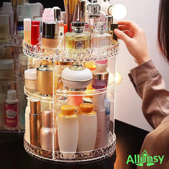 360° Rotating Makeup Organizer Elegant 2-Tier Cosmetic Organizer Makeup Rack – Stylish & Chic Storage Shelf for Vanity, Bedroom & Bathroom  Premium Multi-Functional Display Rack for Skincare, Makeup & Beauty Essentials