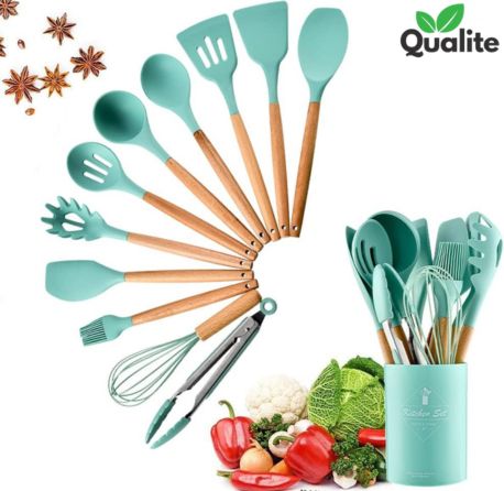 Silicone Spoon Set – Heat-Resistant, Non-Stick with Wooden Handles & Holder