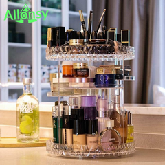 360° Rotating Makeup Organizer Elegant 2-Tier Cosmetic Organizer Makeup Rack – Stylish & Chic Storage Shelf for Vanity, Bedroom & Bathroom  Premium Multi-Functional Display Rack for Skincare, Makeup & Beauty Essentials