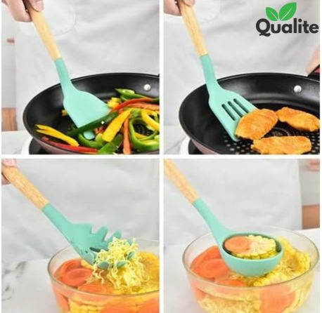 Silicone Spoon Set – Heat-Resistant, Non-Stick with Wooden Handles & Holder