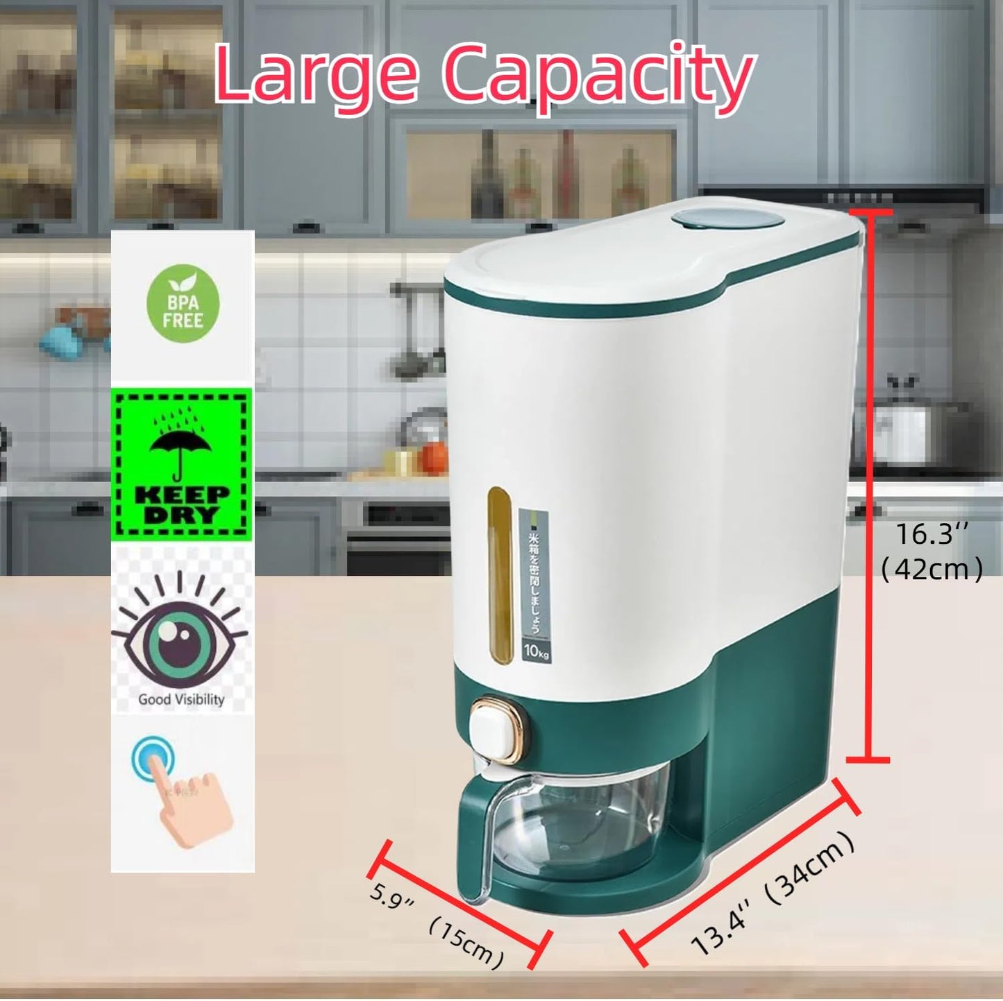 10kg Rice Dispenser – Airtight Kitchen Storage with Measuring Cup