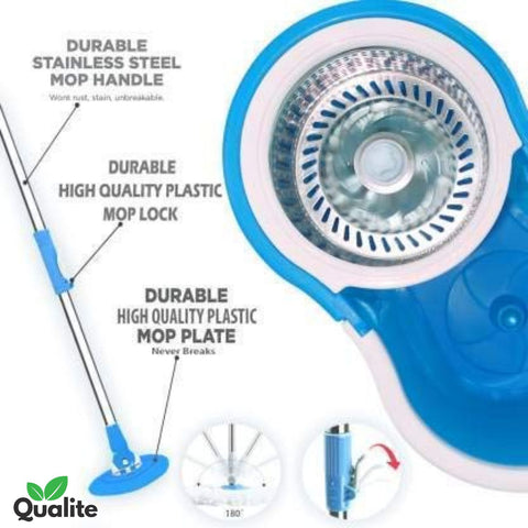 Spin Mop with 360° Rotating Head – Stainless Steel Bucket & Microfiber Refills.