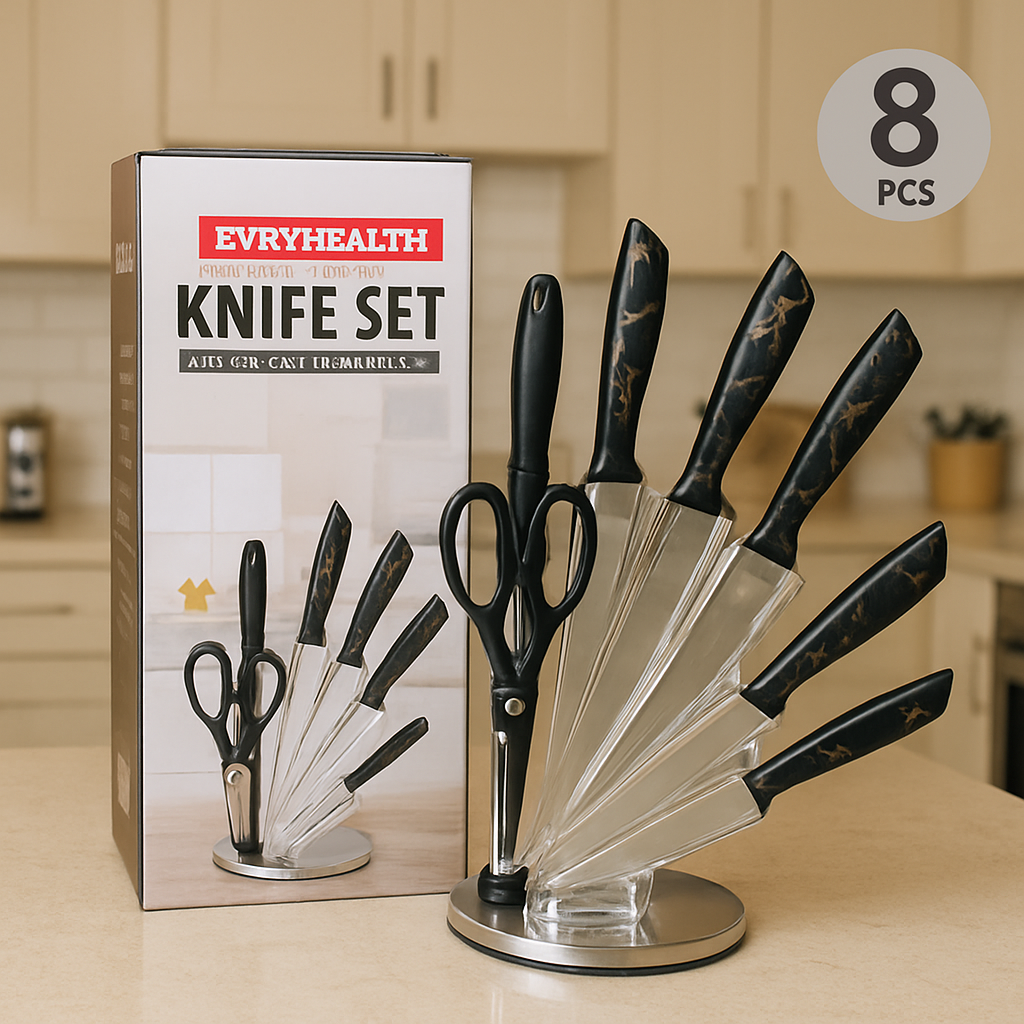 8 PCS Acrylic-Based Stainless Steel Kitchen Knife Set with 360° Rotating Stand