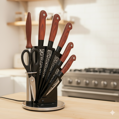 8 PCS Stainless Steel Wooden Shap Kitchen Knife Set with 360° Rotating Stand