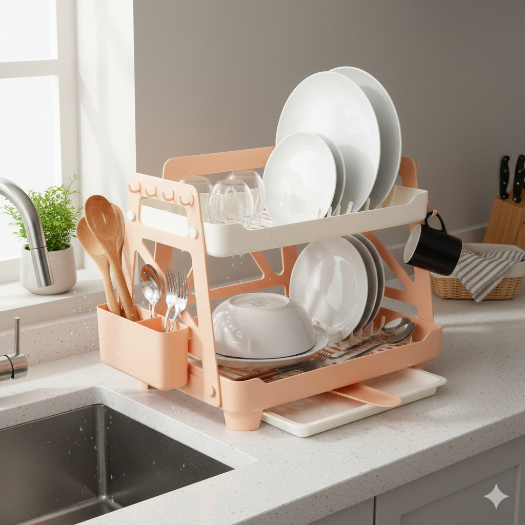 Dish Drying with a Compact, Space Saving Two Tier Rack, Premium Storage Rack
