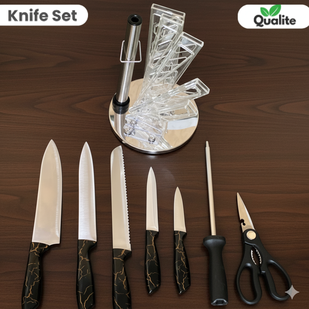 8 PCS Acrylic-Based Stainless Steel Kitchen Knife Set with 360° Rotating Stand