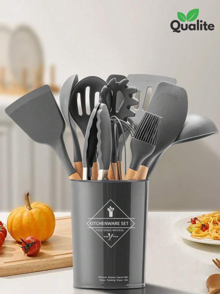 Silicone Spoon Set – Heat-Resistant, Non-Stick with Wooden Handles & Holder