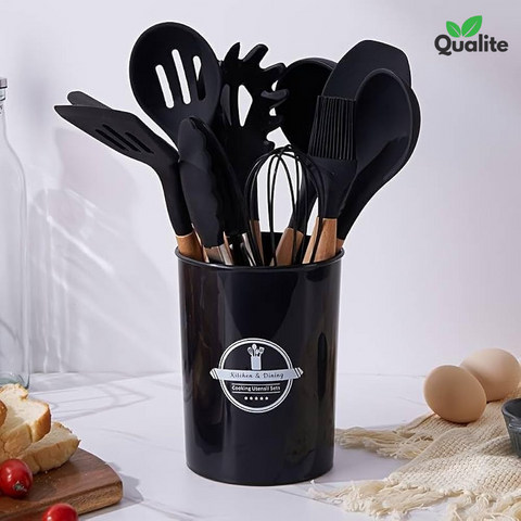 Silicone Spoon Set – Heat-Resistant, Non-Stick with Wooden Handles & Holder