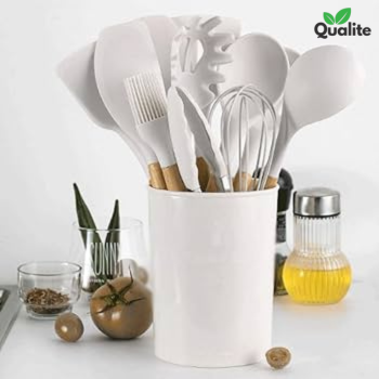 Silicone Spoon Set – Heat-Resistant, Non-Stick with Wooden Handles & Holder