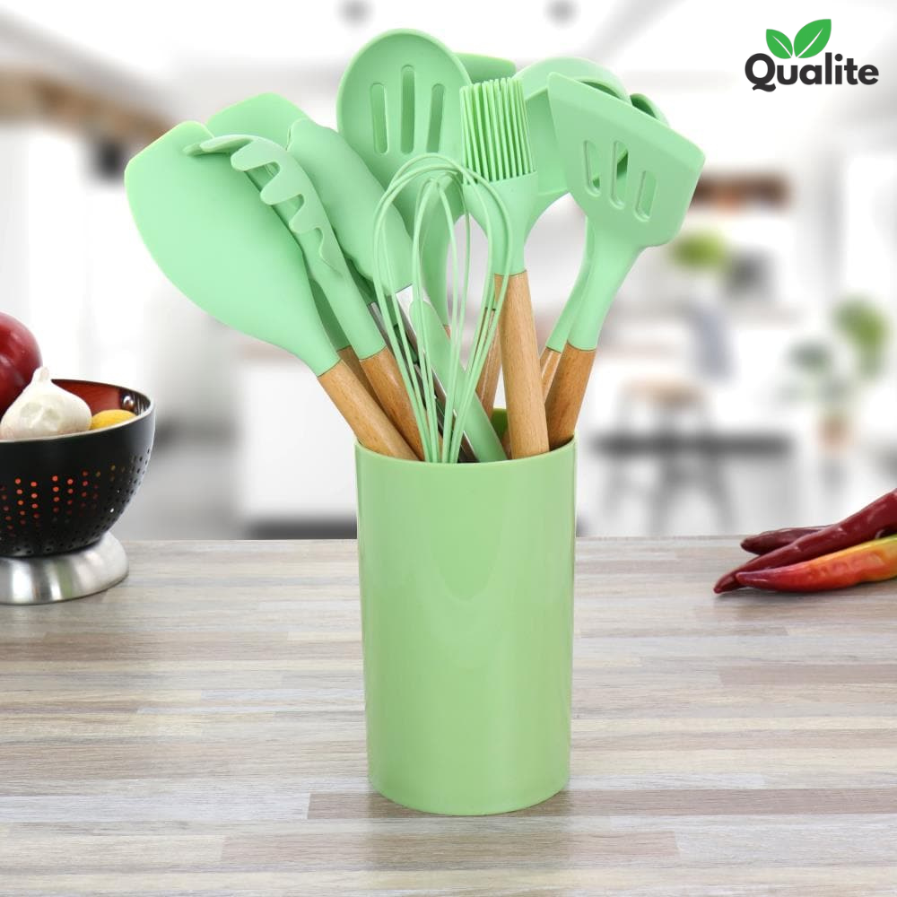 Silicone Spoon Set – Heat-Resistant, Non-Stick with Wooden Handles & Holder