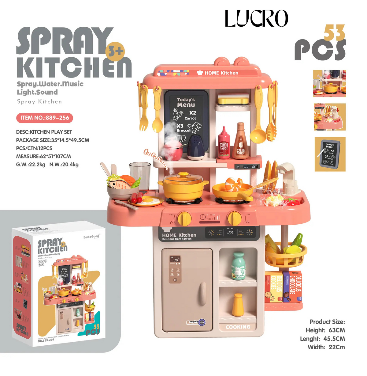 53 pcs Kids Kitchen Sets for Girls Little Pretend Play Kitchen Play Set Toy with Realistic Lights Sounds Play Oven Sink