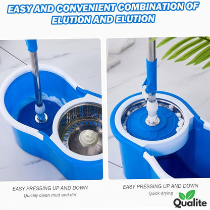 Spin Mop with 360° Rotating Head – Stainless Steel Bucket & Microfiber Refills.