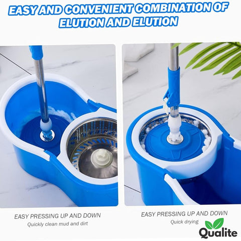 Spin Mop with 360° Rotating Head – Stainless Steel Bucket & Microfiber Refills.