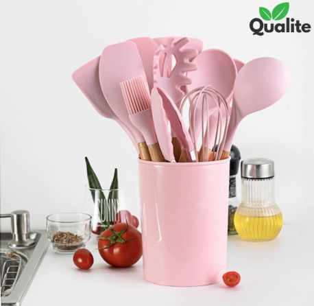 Silicone Spoon Set – Heat-Resistant, Non-Stick with Wooden Handles & Holder