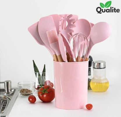 Silicone Spoon Set – Heat-Resistant, Non-Stick with Wooden Handles & Holder