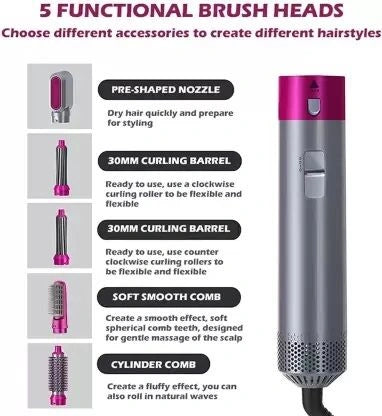 5-in-1 Hair Dryer & Styling Tool – Hot Air Brush, Curler & Straightener
