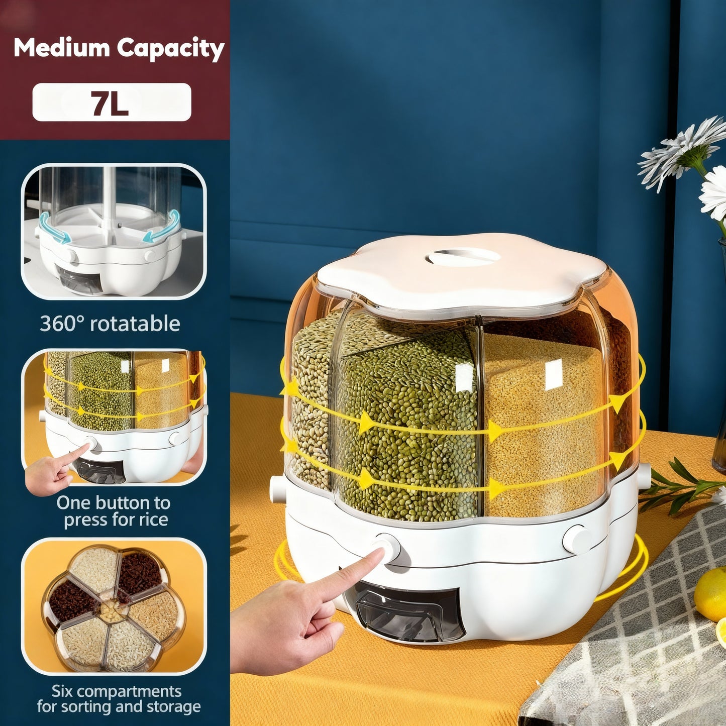 Kitchen Food Rotating Rice Dispenser Grain Storage Container