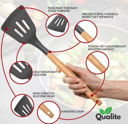 Silicone Spoon Set – Heat-Resistant, Non-Stick with Wooden Handles & Holder