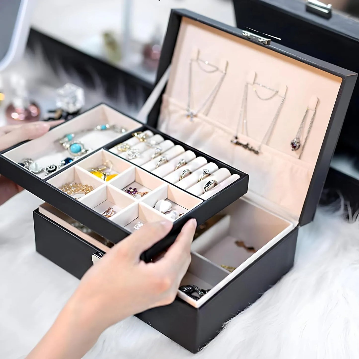2-Layer Foldable Jewelry Organizer with Lock